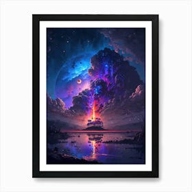 Purple Night Sky over Trees, Mountains and Lake Art Print