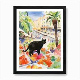 Food Market With Cats In Monaco 1 Watercolour Art Print