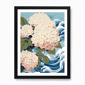 Great Wave With Hydrangea Flower Drawing In The Style Of Ukiyo E 1 Art Print