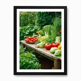 A Tranquil Domestic Garden Overflowing With Vibrant Vegetables Gleaming Tomatoes Peep From The Le (5) Art Print