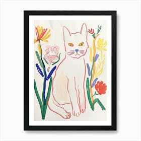 Cute White Cat With Flowers Illustration 2 Art Print