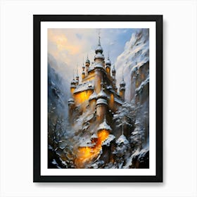 Castle In The Snow, winter, castle,a breathtaking landscape scenery,multilayer view,enchanted stunning visually,dark influenza,ink v3,oil on linen ,oil on canvas,hyperrealism, artistic masterwork,perfect painting,soft color,inspired by wadim kashin, Art Print