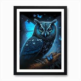 Blue Owl With Butterflies Art Print