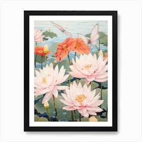 Butterflies & Waterlilies Japanese Style Painting 2 Art Print