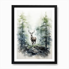 Deer, Japanese Brush Painting, Ukiyo E, Minimal 4 Art Print
