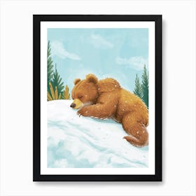 Brown Bear Cub Sliding Down A Snowy Hill Storybook Illustration 2 Art Print