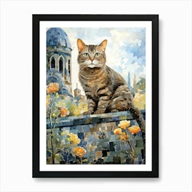 Mosaic Cat On A Wall With Flowers And A Church In The Distance Art Print