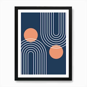 Mid Century Modern Geometric In Navy Blue And Peach (Rainbow And Sun Abstract) Art Print