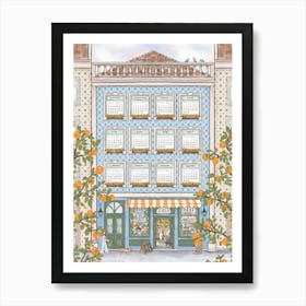 Calendar 2025 Portuguese building with orange tree in blue and bronze Art Print