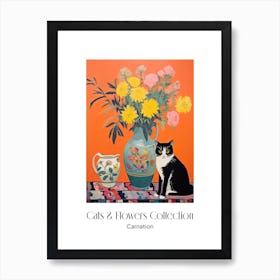 Cats & Flowers Collection Carnation Flower Vase And A Cat, A Painting In The Style Of Matisse 1 Art Print