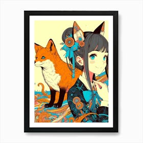 Pretty Anime Girl with Fox 15 Art Print