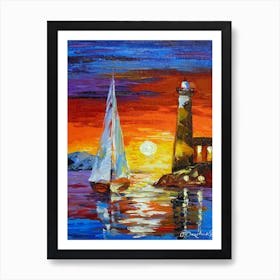 sailboat and lighthouse Art Print