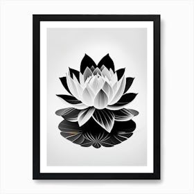 Blooming Lotus Flower In Pond Black And White Geometric 5 Art Print