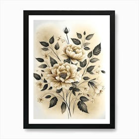 Black And White Flower Painting 1 Art Print