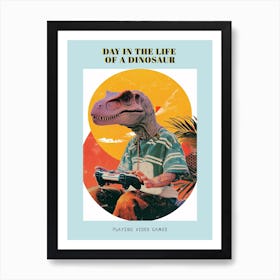 Retro Collage Dinosaur Playing Video Games 1 Poster Art Print