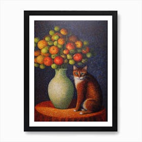 Hydrangea With A Cat 2 Pointillism Style Art Print