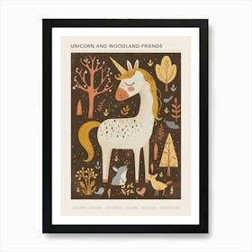 Unicorn In The Meadow With Abstract Woodland Animal Friends Muted Pastel 4 Poster Art Print