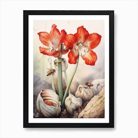 Beehive With Amaryllis Flower Watercolour Illustration 4 Art Print