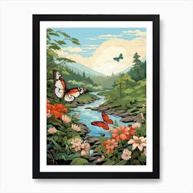 Butterfly With Stream Japanese Style 1 Art Print