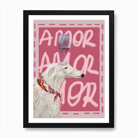 Fluffy dog with a glass of red wine on his head wearing a colorful scarf and a pink background with amor Art Print