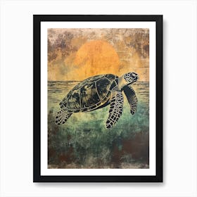 Vintage Sea Turtle At Sunset Painting 3 Art Print