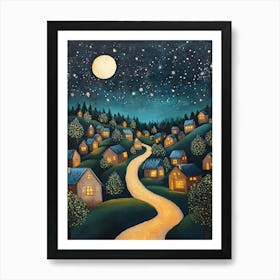 Village At Night With Stars and Moon In The Sky 4 Art Print