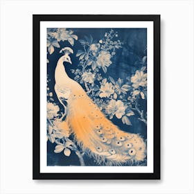 White Orange Blue Cyanotype Inspired Peacock 1 Art Print