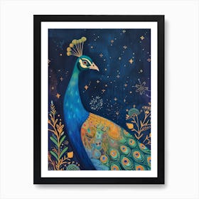 Floral Peacock Under A Starry Sky Art Print