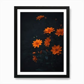 A Bunch Of Orange Flowers With Leaves On Black Background Art Print