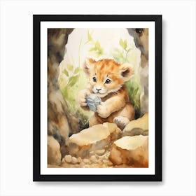 Hiking Watercolour Lion Art Painting 2 Art Print