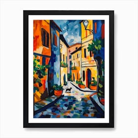 Painting Of A Street In Budapest Hungary With A Cat In The Style Of Matisse 2 Art Print