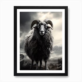 Stormy Black & White Illustration Of Highland Sheep 3 Art Print