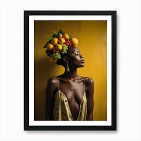 Fruitful Elegance: A Stunning Portrait of a Black Woman in a Sensational Dress and Fruit Hat Art Print