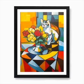 Freesia With A Cat 2 Cubism Picasso Style Art Print