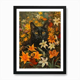 Black Cat In Flowers 9 Art Print