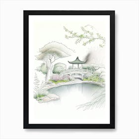 Japanese Friendship Garden, Usa Vintage Pencil Drawing Art Print