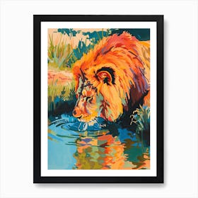 Transvaal Lion Drinking From A Watering Hole Fauvist Painting 4 Poster