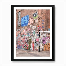 London, England I Colorful retro street art and urban graffiti on brick wall of Shoreditch streets with the industrial architecture and mural design vibrancy of London's suburbs urban exploration photography Art Print