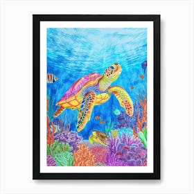Colourful Sea Turtle Exploring Deep Into The Ocean Crayon Doodle 2 Art Print