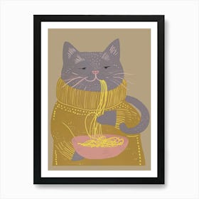 Grey Cat Pasta Lover Folk Illustration 4 Art Print