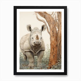 Rhino Under The Tree Vintage Illustration 3 Art Print