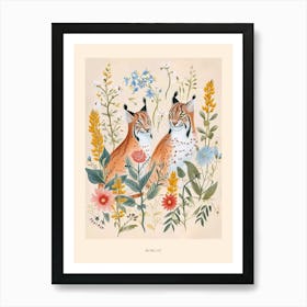 Folksy Floral Animal Drawing Bobcat 4 Poster Art Print