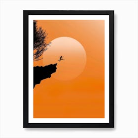 Silhouette Of A boy Jumping Off A Cliff Art Print