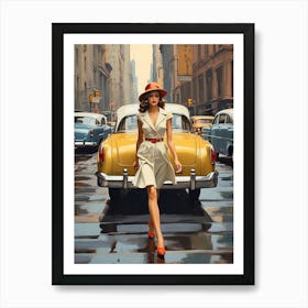 New York Middle 20th Century Walking Girl Retro Cars 2 Art Print