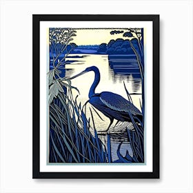 Blue Heron On Lake Vintage Linocut 1 Art Print