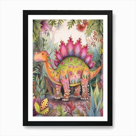 Pastel Pattern Rainbow Stegosaurus Dinosaur 3 Art Print