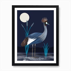 Japanese Crested Crane In The Moonlight Art Print