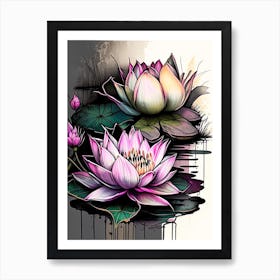 Lotus Flowers In Garden Graffiti 4 Art Print