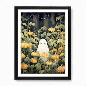 Cute Bedsheet Ghost, Botanical Halloween Watercolour 101 Art Print