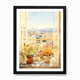 Window View Of  Athens Greece In Autumn Fall, Watercolour 1 Art Print